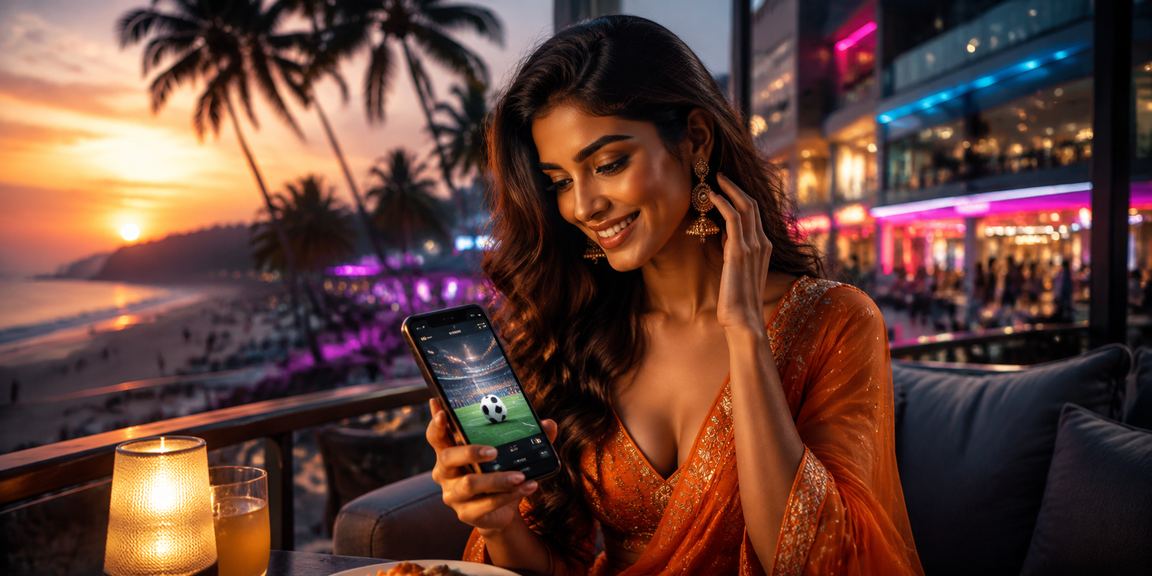 Football betting enthusiasts enjoying coastal views at Goa beach with mobile devices