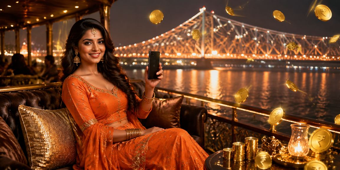Mobile Casino with rupee sign in front of Howrah Bridge, Kolkata